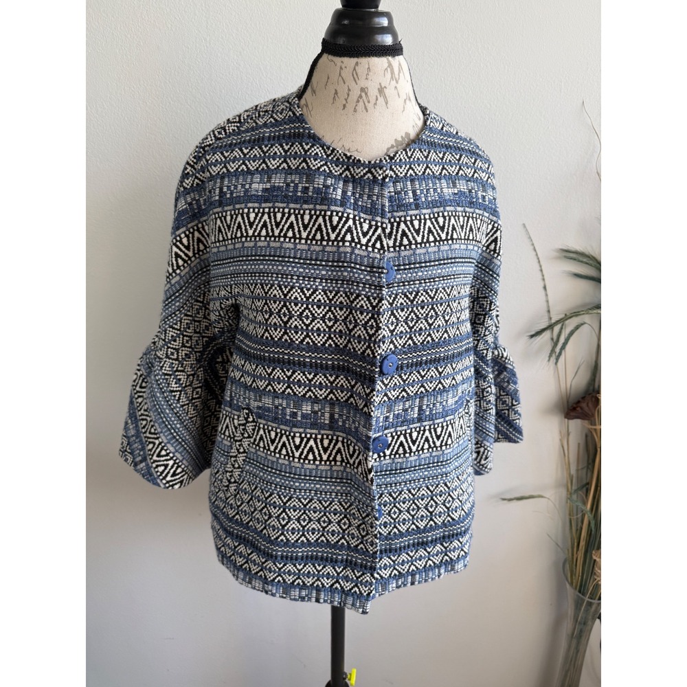 J McLaughlin Womens Blue Geometric Tapestry Bell Sleeve Button Front Jacket M